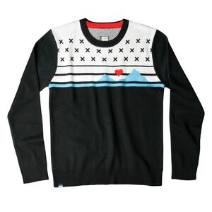 KAVU Hillrose I Heart you Pullover Sweater Black White Red blue Mountains